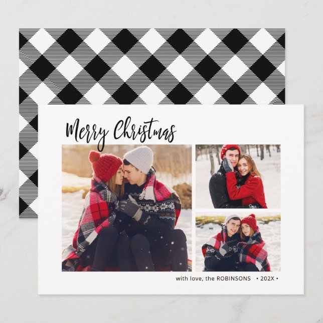 Buffalo Plaid Rustic 3 Multi Photo Christmas  Holiday Card (Front/Back)