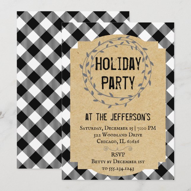 Buffalo Plaid Rustic Holiday Party Invitation (Front/Back)