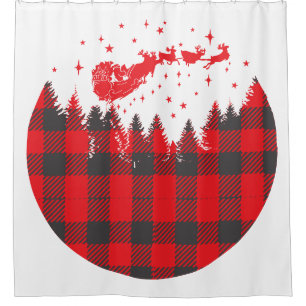 Buffalo Plaid Santa and Sleigh Scene Shower Curtain