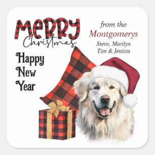 Buffalo Plaid Santa Hat Great Pyrenees Dog Square Sticker