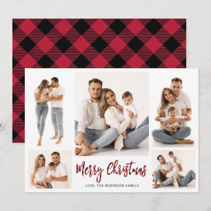 Buffalo Plaid Script 5 Photo Collage Christmas Holiday Card