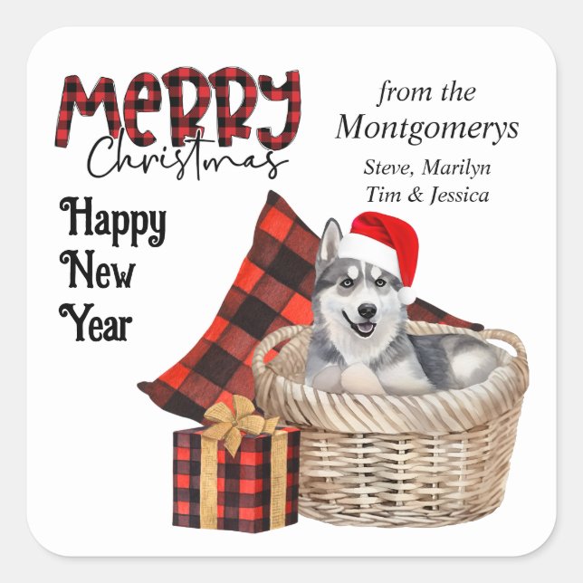 Buffalo Plaid Siberian Husky Dog Christmas Square Sticker (Front)