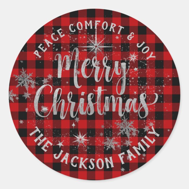 Buffalo Plaid Silver Calligraphy Merry Christmas Classic Round Sticker (Front)