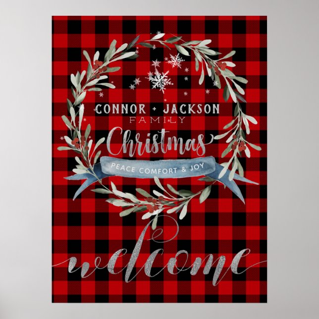 Buffalo Plaid Silver Script Christmas Welcome Poster (Front)