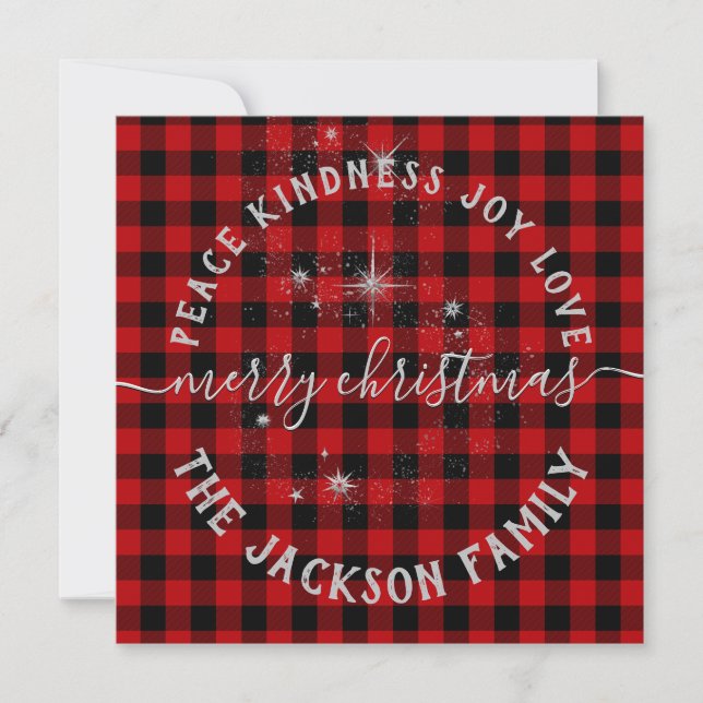 Buffalo Plaid Silver Script Merry Christmas Card (Front)