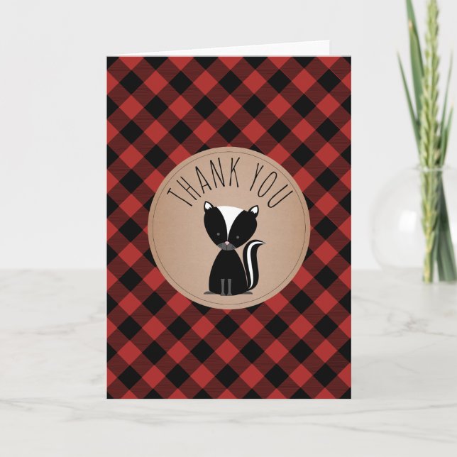 Buffalo Plaid Skunk Baby Shower Thank You Card (Front)