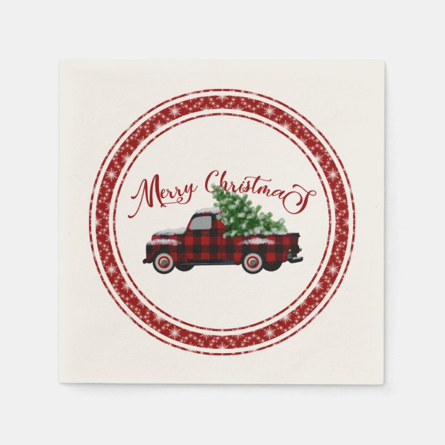 Buffalo Plaid Snow Vintage Truck Napkin (Front)