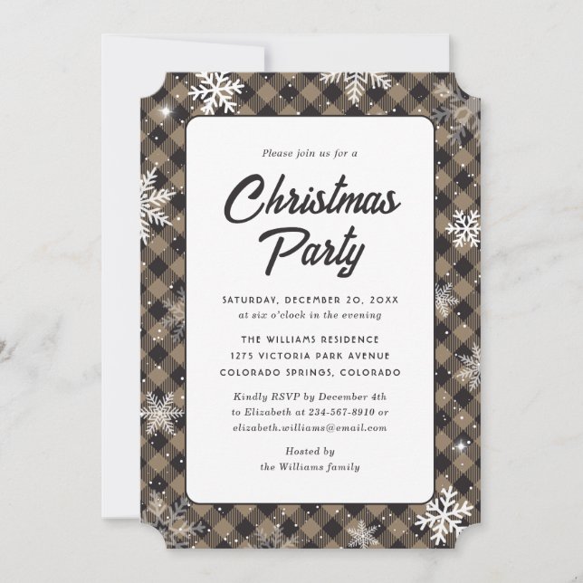 Buffalo Plaid Snowflake Christmas Party Invitation (Front)