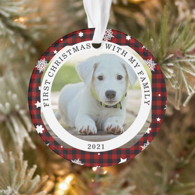 Buffalo Plaid Snowflake First Christmas Photo Ornament (Tree)