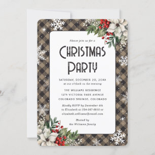 Buffalo Plaid Snowflakes Botanical Christmas Party Invitation