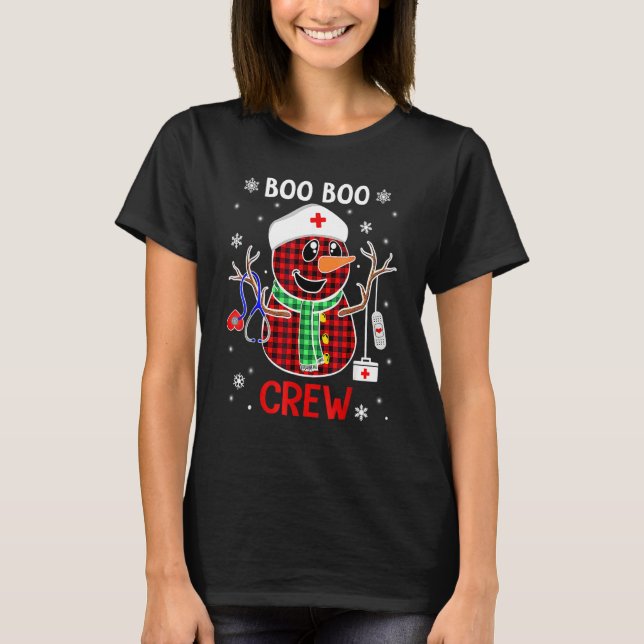 Buffalo Plaid Snowman Nurse Boo Boo Crew Christmas T-Shirt (Front)