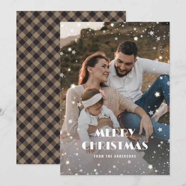 Buffalo Plaid Stars Snow Photo Merry Christmas Holiday Card (Front/Back)