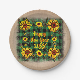 Buffalo Plaid Sunflower Happy New Year 20xx 7" Paper Plate
