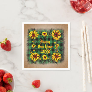 Buffalo Plaid Sunflower Happy New Year 20xx Napkin