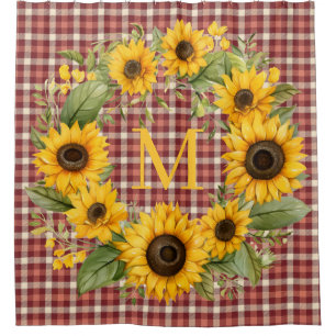 Buffalo Plaid Sunflowers Monogram Shower Curtain