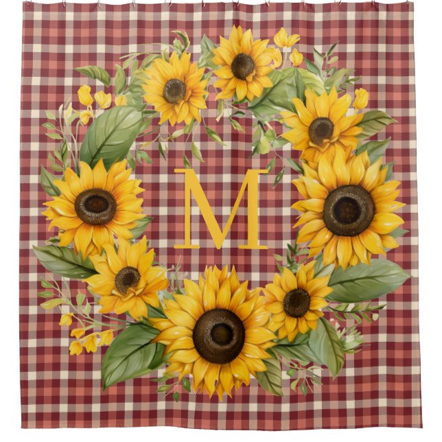 Buffalo Plaid Sunflowers Monogram Shower Curtain (Front)