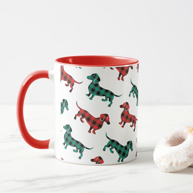 Buffalo Plaid Tartan Christmas Dachshunds Mug (With Donut)