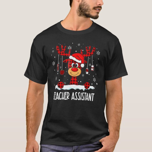 Buffalo Plaid Teacher Assistant Reindeer Santa Hat T-Shirt (Front)