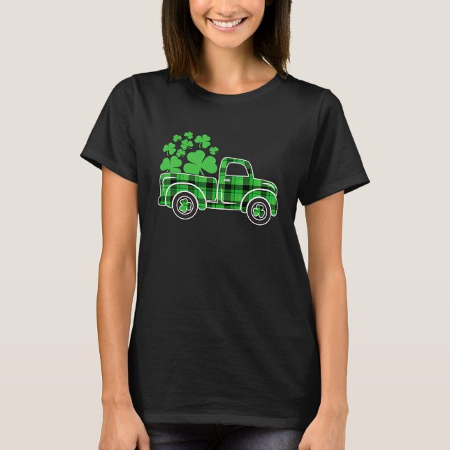 Buffalo Plaid Truck Irish Shamrock Happy St Patric T-Shirt (Front)