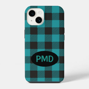 Buffalo Plaid Turquoise Teal Blue Black Monogram iPhone 14 Case