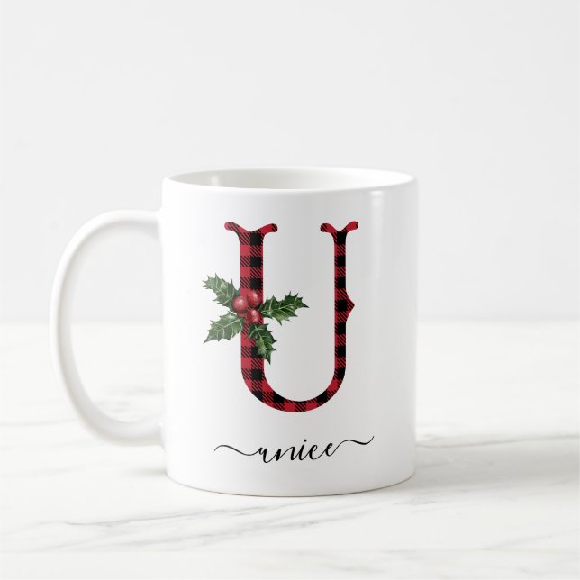 Buffalo Plaid U Monogram Christmas Coffee Mug (Left)