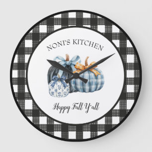 Buffalo Plaid Watercolor Blue Pumpkin Large Clock