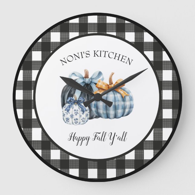 Buffalo Plaid Watercolor Blue Pumpkin Large Clock (Front)