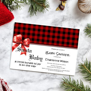 Buffalo Plaid Watercolor Red Bow Baby Shower Invitation