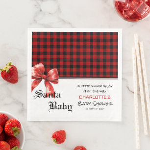 Buffalo Plaid Watercolor Red Bow Baby Shower Napkin