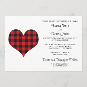 Buffalo Plaid Wedding Black Red Heart Invitation