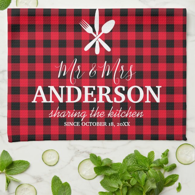 Buffalo Plaid Wedding Couple Name Tea Towel (Folded)