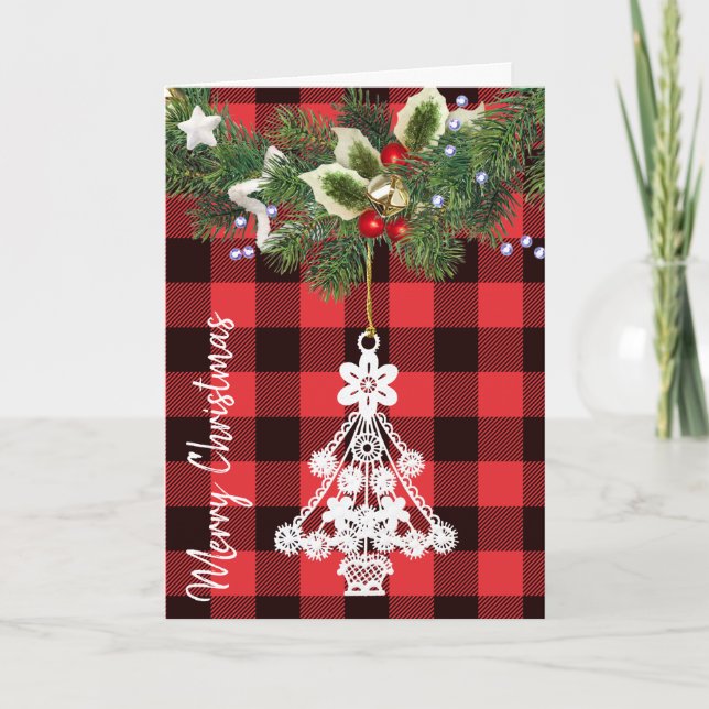 Buffalo Plaid White Christmas Tree Ornament  Holiday Card (Front)