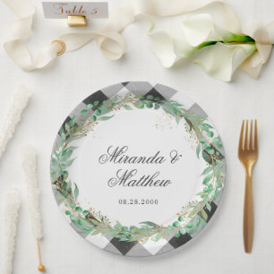 Buffalo Plaid Winter Green Wreath Wedding Paper Plate