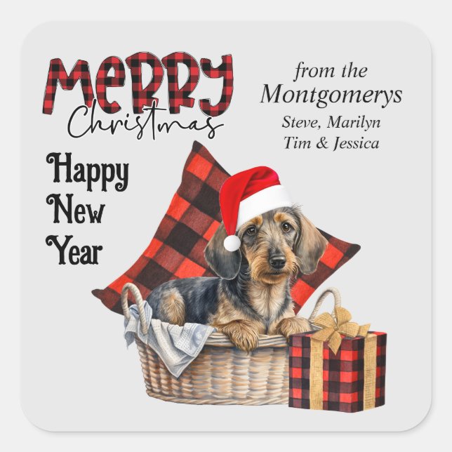 Buffalo Plaid Wirehaired Dachshund Dog Christmas Square Sticker (Front)