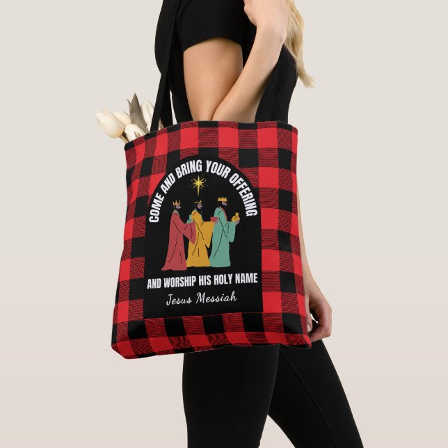 Buffalo Plaid Wise Men Custom Christian Christmas Tote Bag (Close Up)