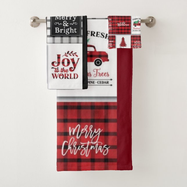 Buffalo Plaid with Christmas Quotes Bath Towel Set (Insitu)