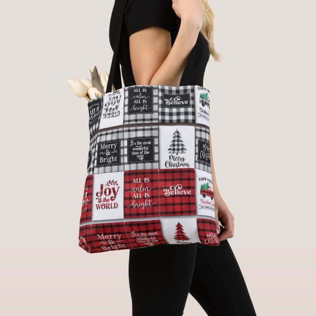 Buffalo Plaid with Christmas Quotes Tote Bag (Close Up)