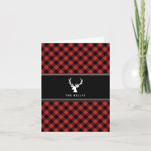 Buffalo Plaid with Deer, Red, Personalised Holiday Card