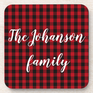 Buffalo Plaid with Family Name Beverage Coaster