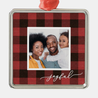 Buffalo Plaid with Joyful Script Photo Christmas Metal Tree Decoration