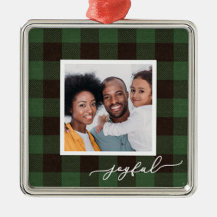 Buffalo Plaid with Joyful Script Photo Christmas Metal Tree Decoration