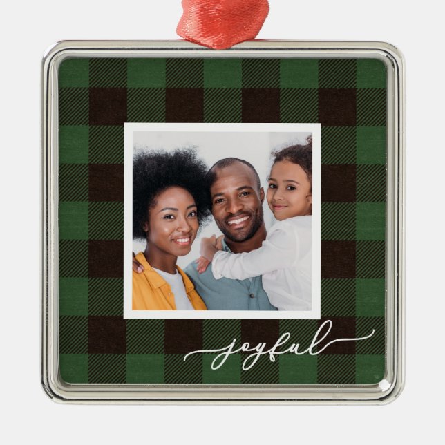 Buffalo Plaid with Joyful Script Photo Christmas Metal Tree Decoration (Front)