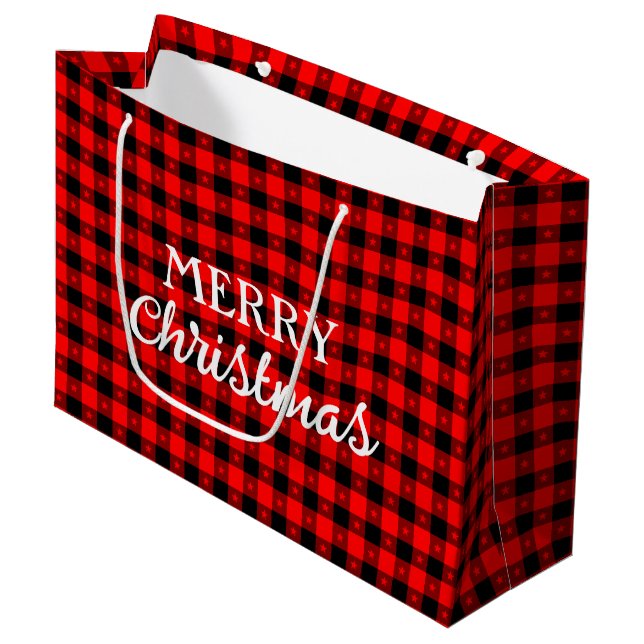 Buffalo Plaid With Stars Red Black Merry Christmas Large Gift Bag (Front Angled)