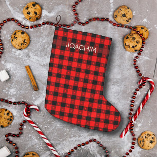 Buffalo Plaid With Tiny Stars Personalised Name Large Christmas Stocking