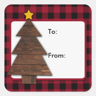 Buffalo Plaid, Wood Tree Christmas Square Stickers
