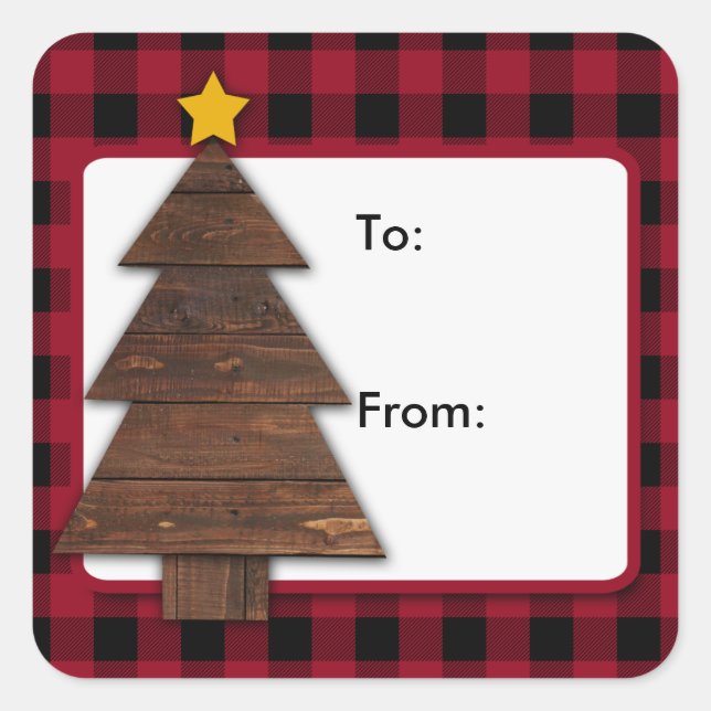 Buffalo Plaid, Wood Tree Christmas Square Stickers (Front)