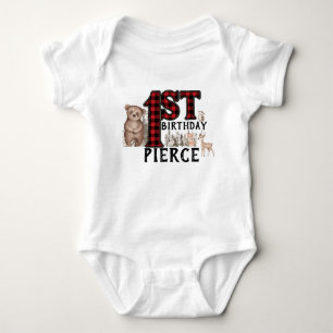 Buffalo Plaid Woodland Animals 1st Birthday Baby Bodysuit