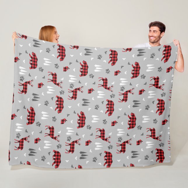 Buffalo Plaid Woodland Animals Pattern Fleece Blanket (In Situ)