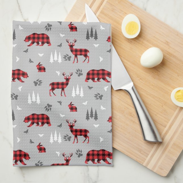 Buffalo Plaid Woodland Animals Pattern Tea Towel (Quarter Fold)