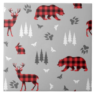 Buffalo Plaid Woodland Animals Pattern Tile